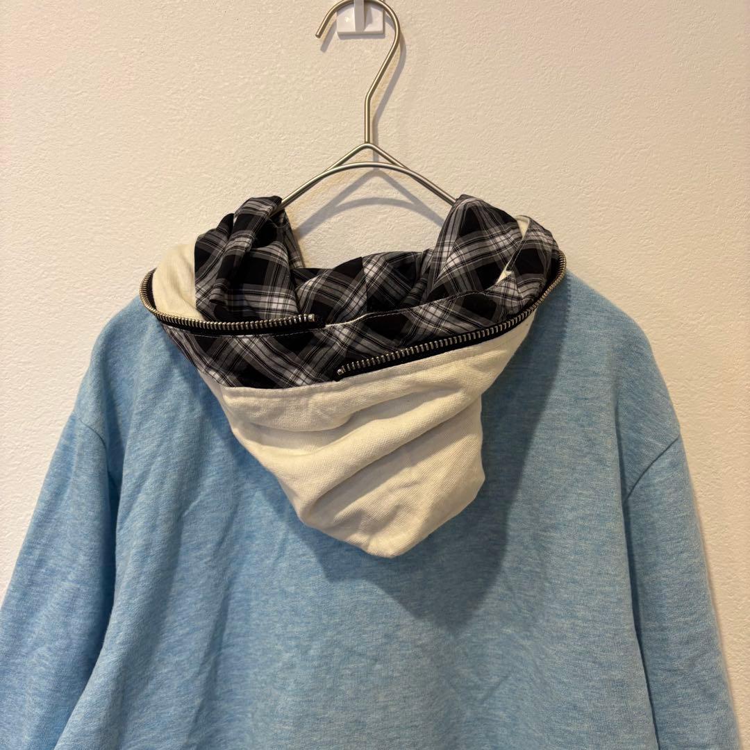 TK パーカー フルジップ チェック 切替 ブルー 水色　M フーディ 個性 8