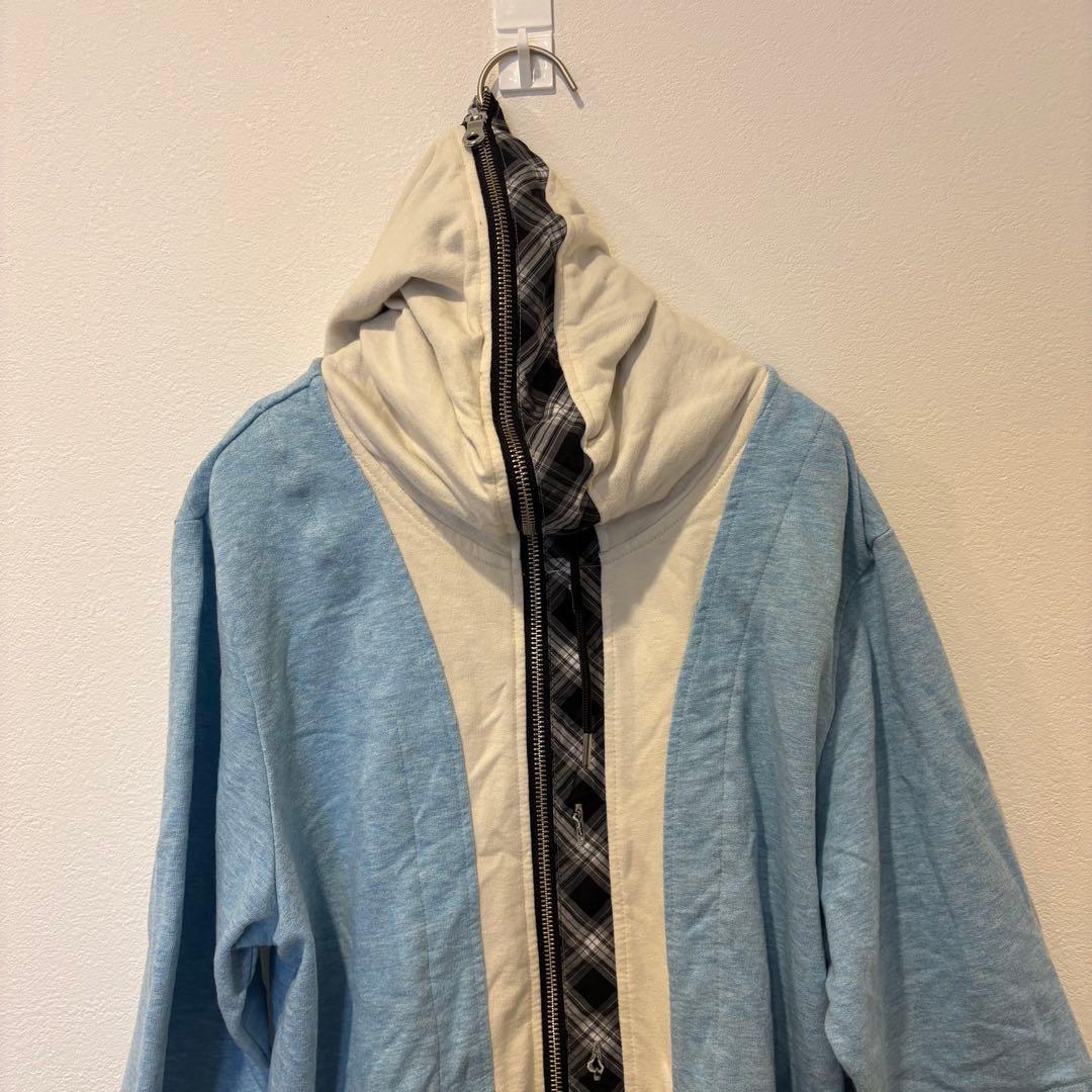 TK パーカー フルジップ チェック 切替 ブルー 水色　M フーディ 個性 9