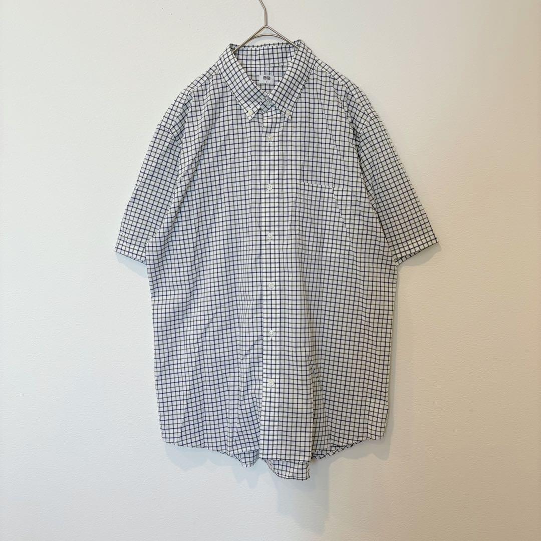 ユニクロ 半袖 シャツ チェック　ネイビー L コットン 綿100% カジュアル