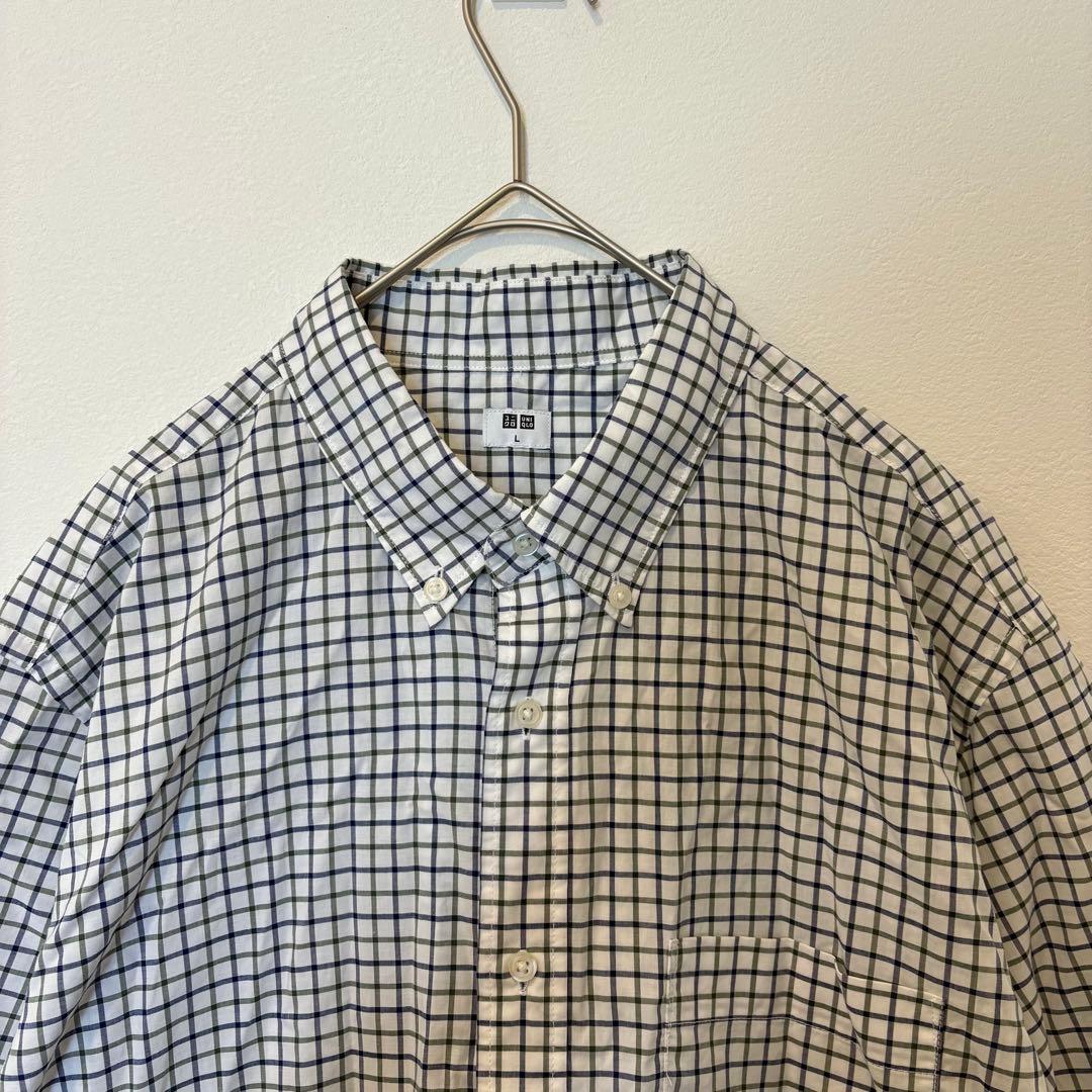 ユニクロ 半袖 シャツ チェック　ネイビー L コットン 綿100% カジュアル 2