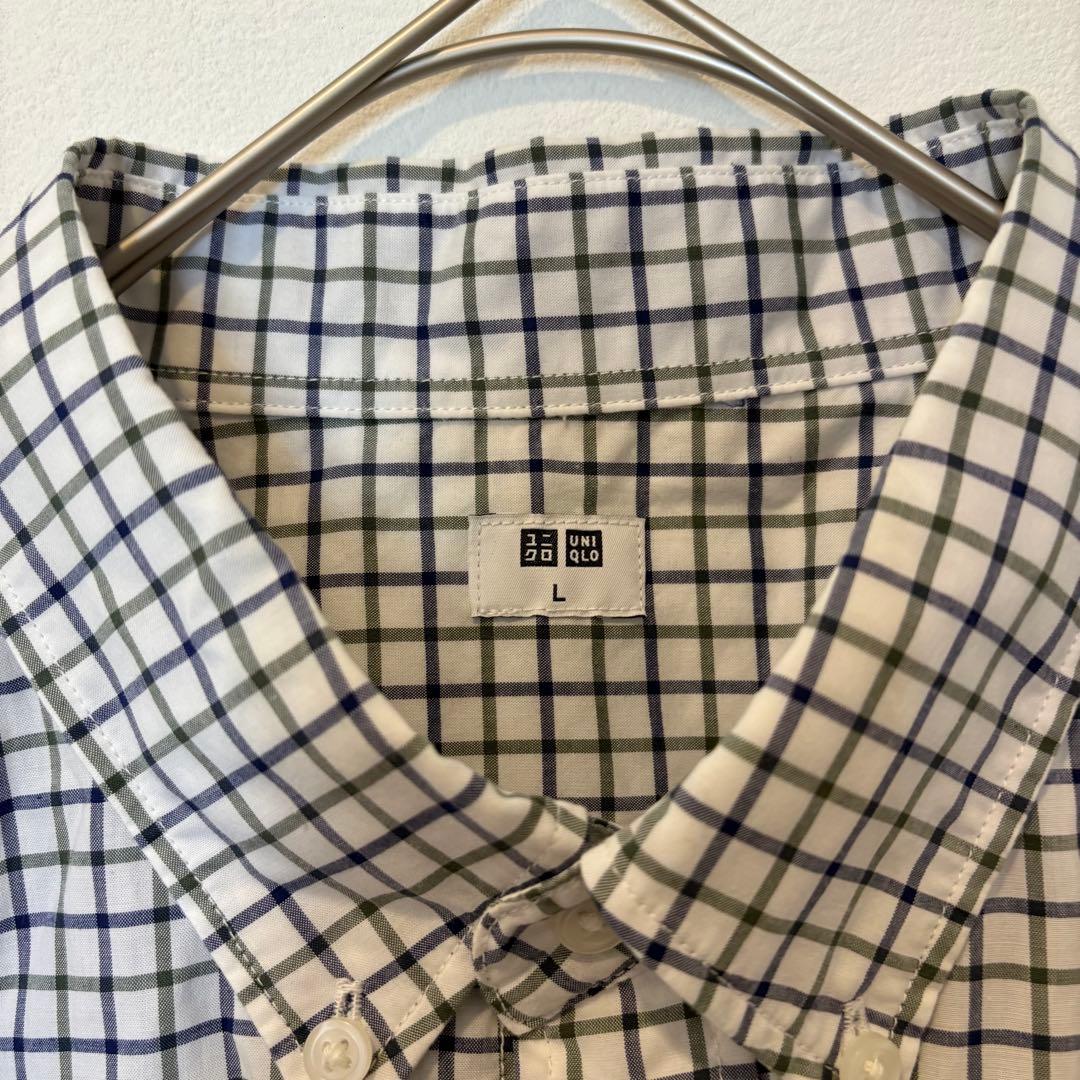 ユニクロ 半袖 シャツ チェック　ネイビー L コットン 綿100% カジュアル 4