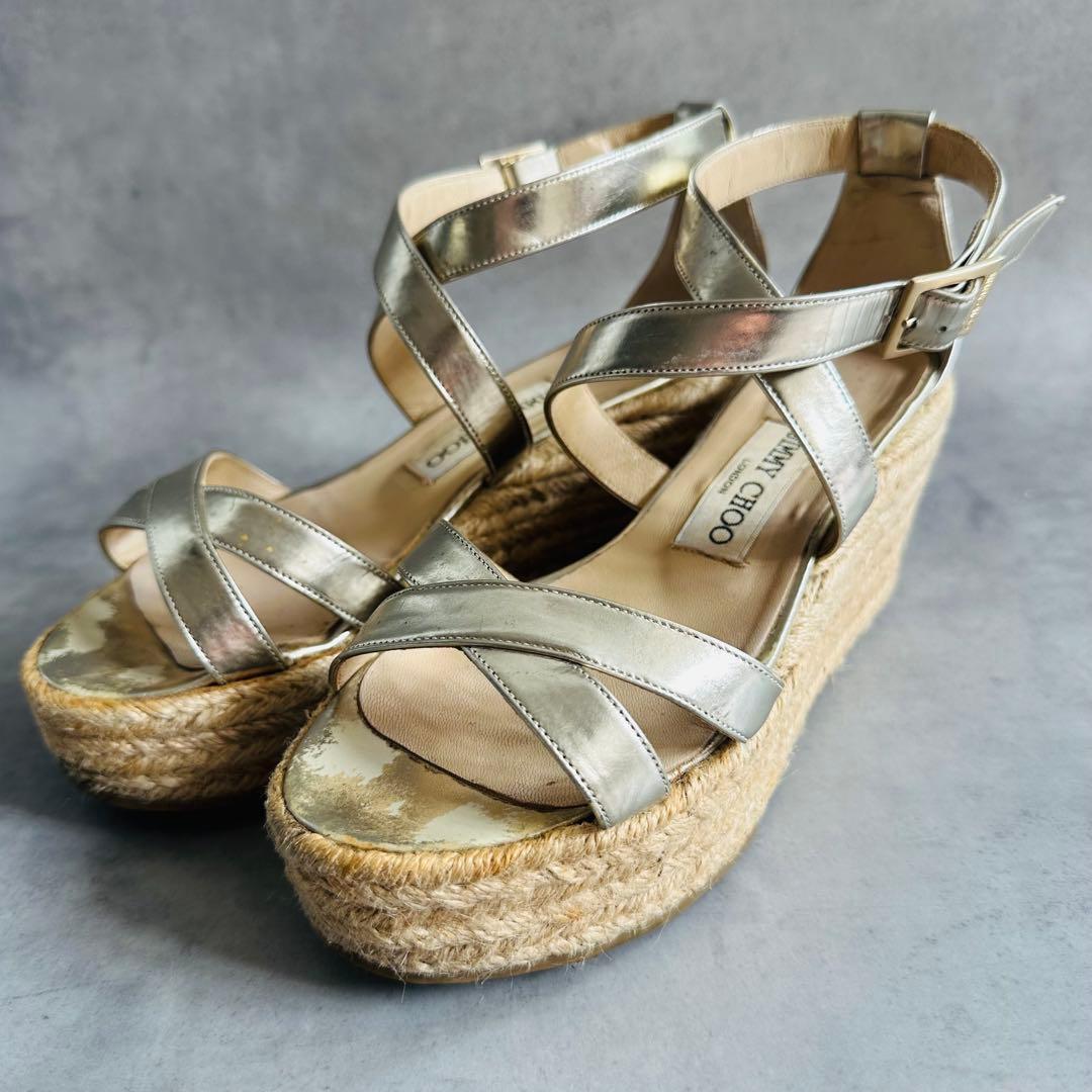 Jimmy Choo メタリック　クロスストラップ　ウェッジソールサンダル 2
