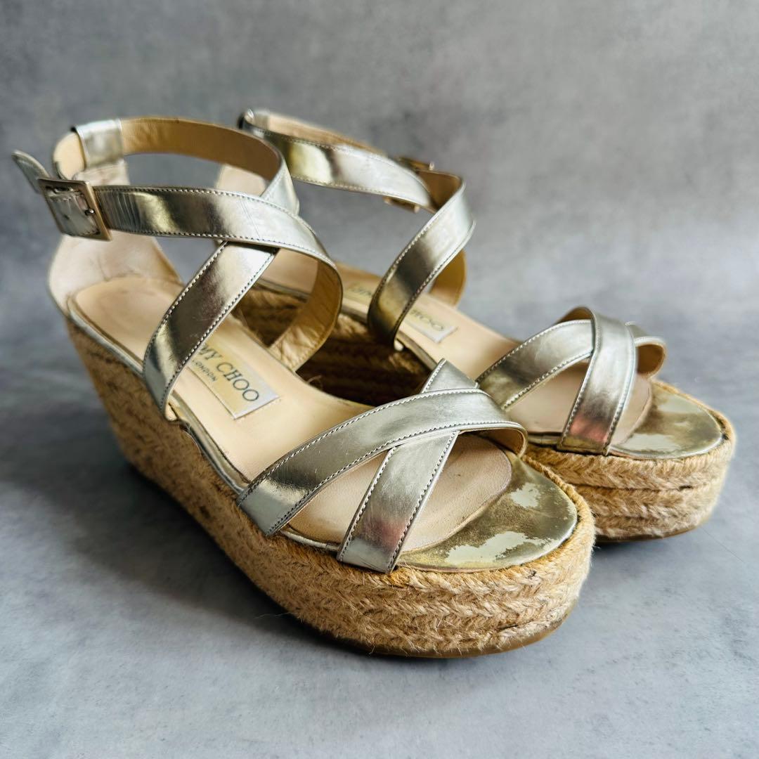 Jimmy Choo メタリック　クロスストラップ　ウェッジソールサンダル 3