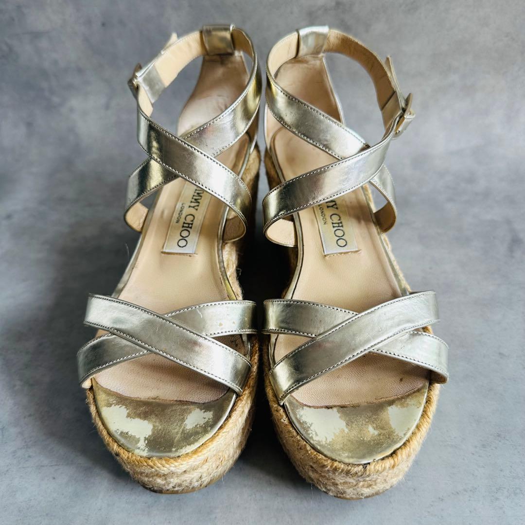 Jimmy Choo メタリック　クロスストラップ　ウェッジソールサンダル 4