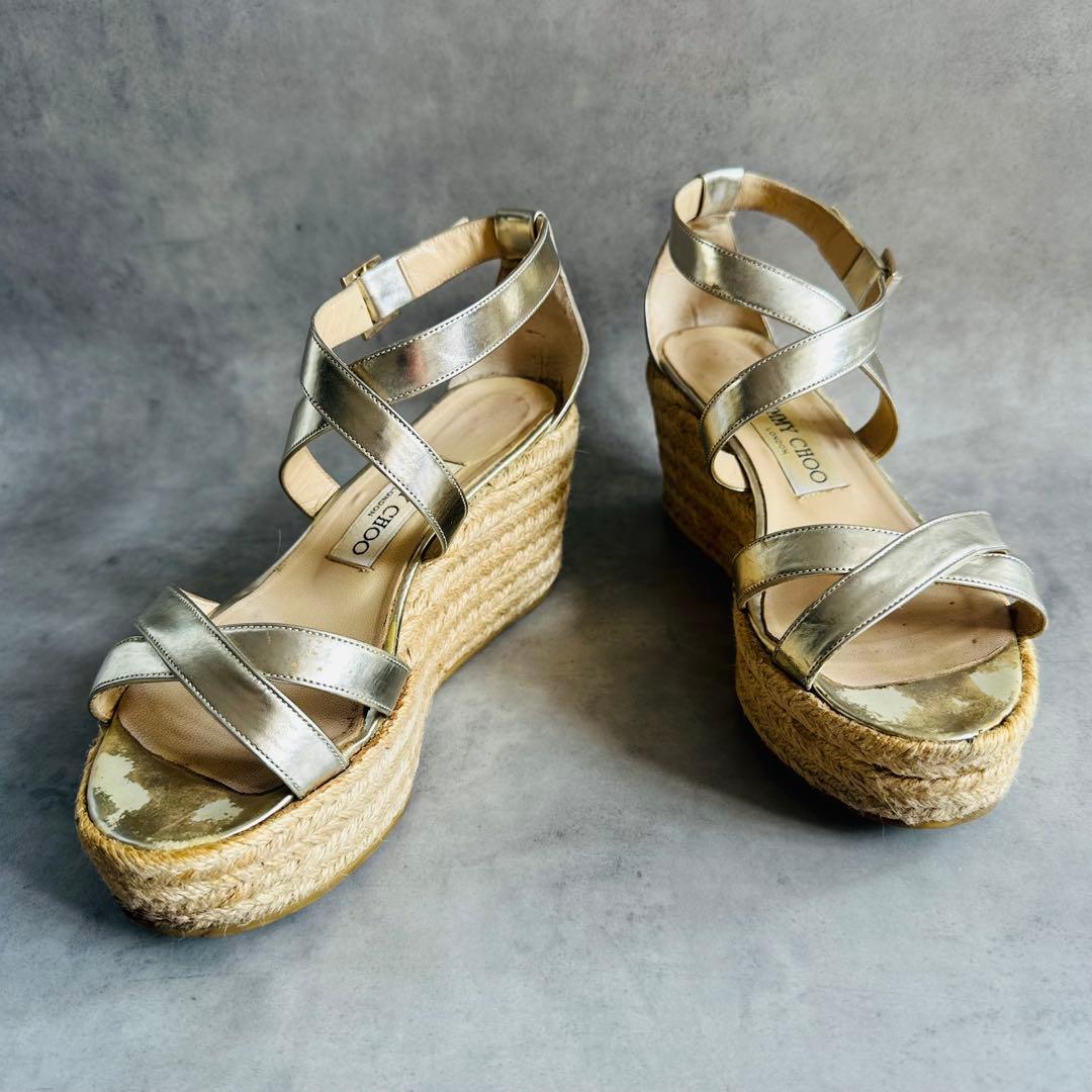 Jimmy Choo メタリック　クロスストラップ　ウェッジソールサンダル 5
