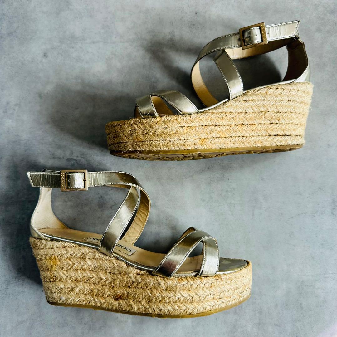Jimmy Choo メタリック　クロスストラップ　ウェッジソールサンダル 7