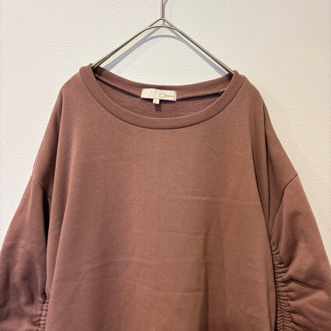 スウェット トレーナー ギャザー袖 L ゆったり　くすみピンク　袖リボン　可愛い 2