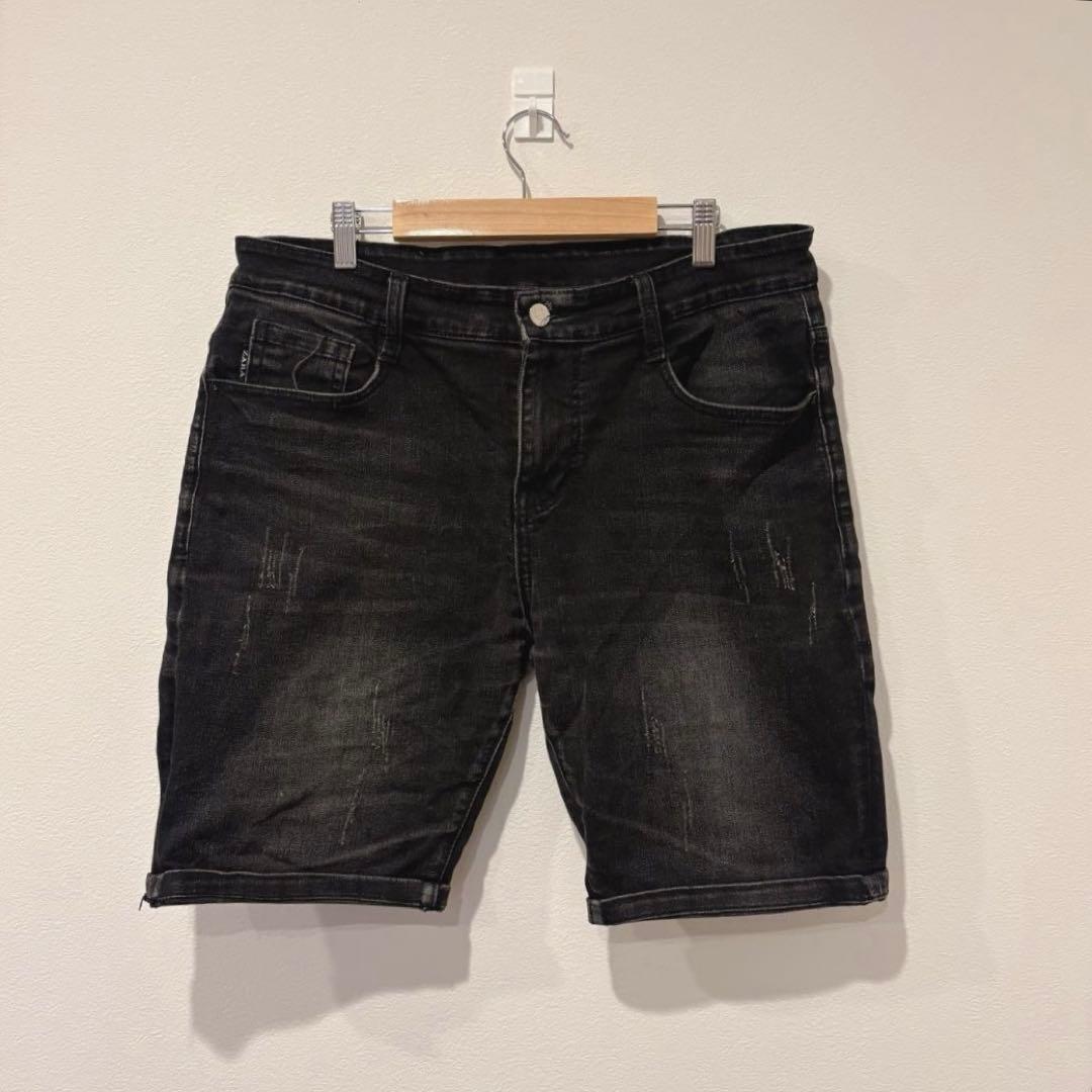ザラ デニム ショートパンツ 黒　ブラック ダメージ加工 メンズ 35 L相当