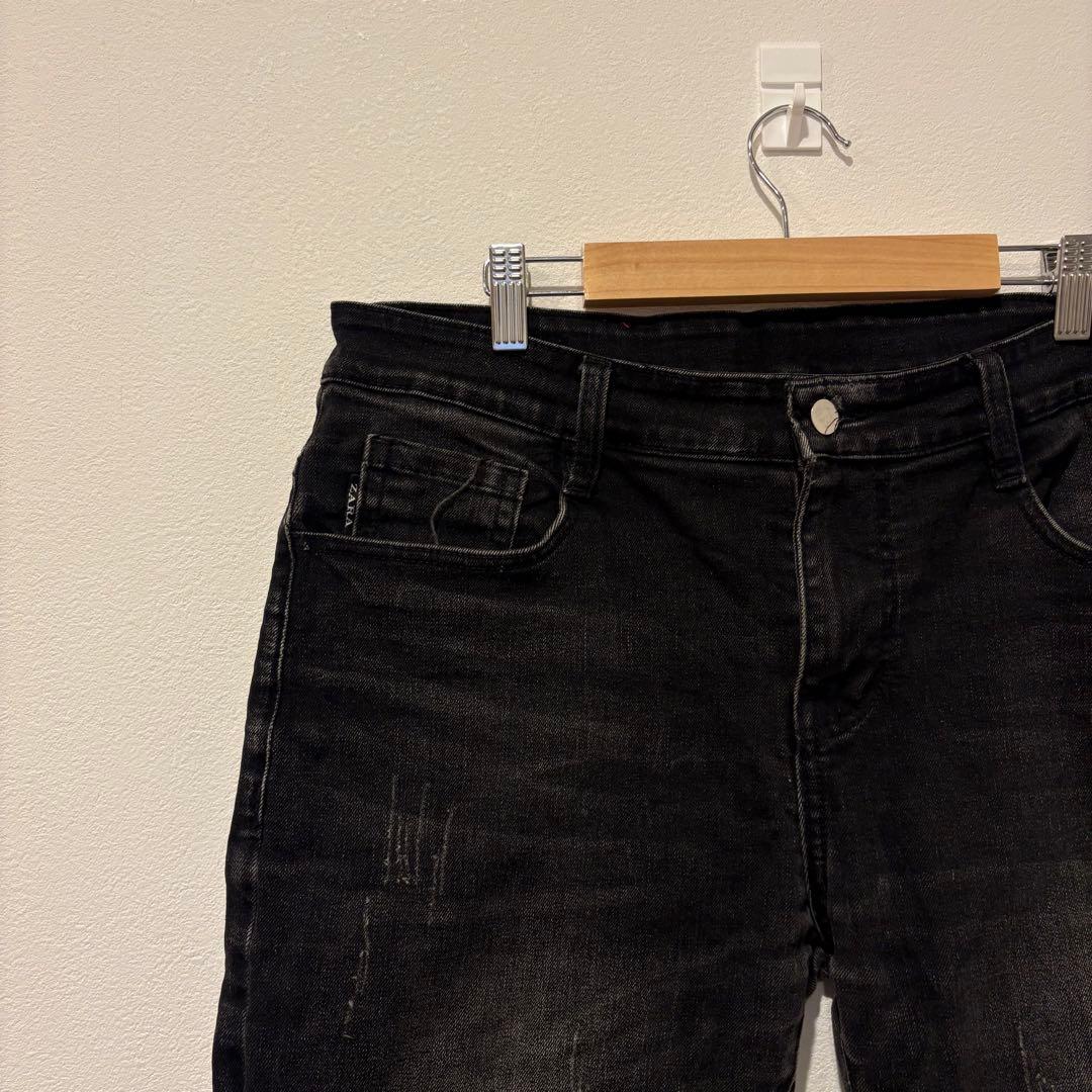 ザラ デニム ショートパンツ 黒　ブラック ダメージ加工 メンズ 35 L相当 2