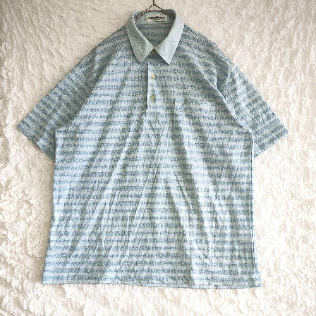 【ウェザーコック】 ポロシャツ L 水色ストライプ ゴルフ ブランド刺繍