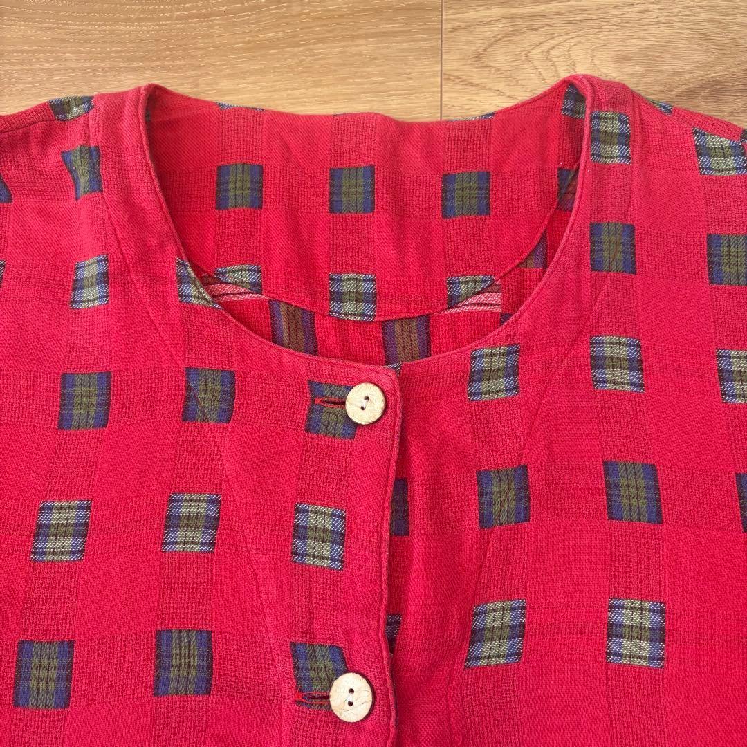 .シャツカーディガン　パーソンズ チェック　赤 レッド　七分袖 ゆったり　派手 4