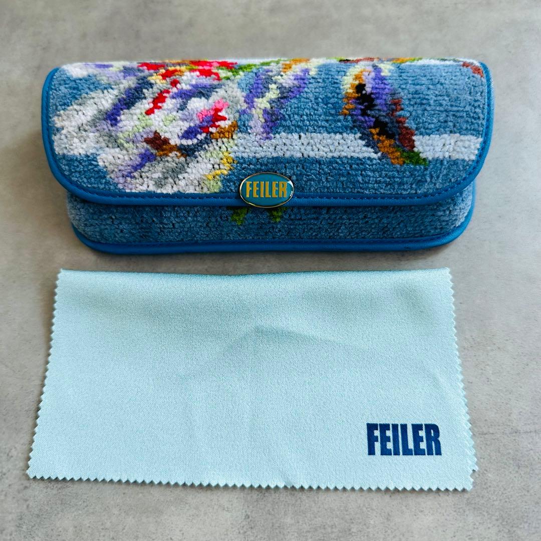FEILER シェニール織り タオル地 メガネケース ライトブルー クロス付属