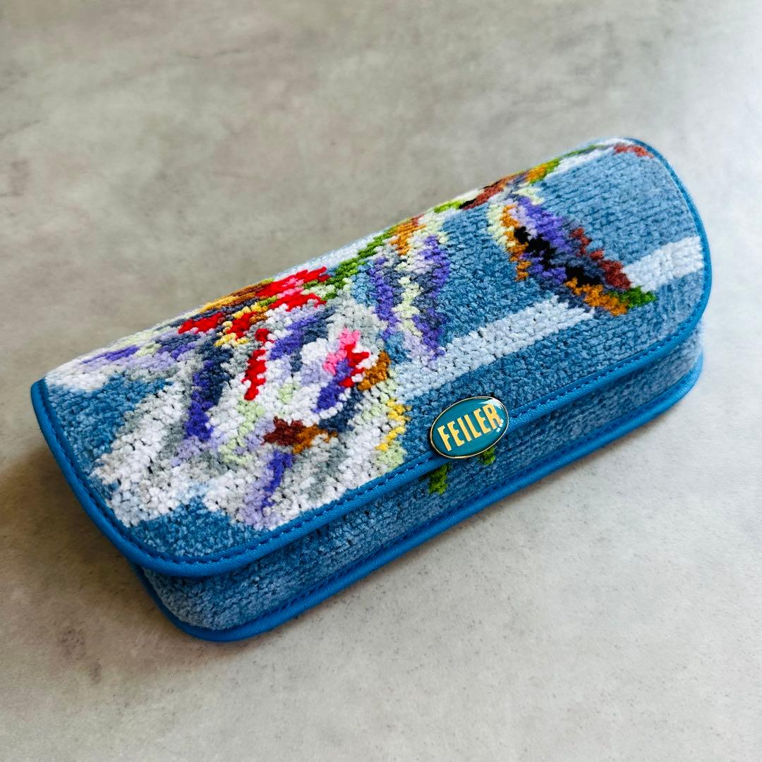 FEILER シェニール織り タオル地 メガネケース ライトブルー クロス付属 3