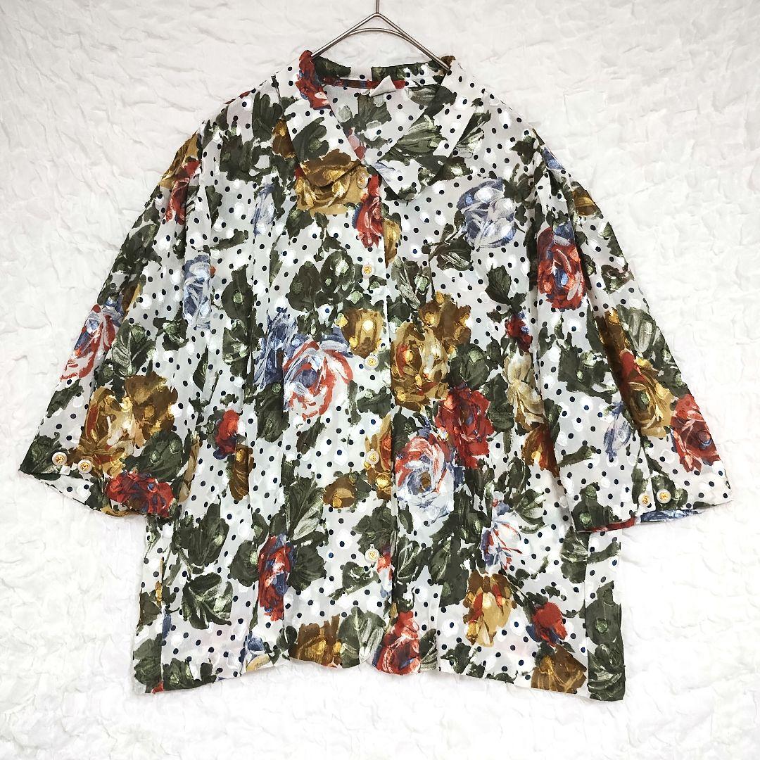 U 鮮やかな花柄 水玉 刺繍 五分袖シャツ L 春夏 テンションアップ