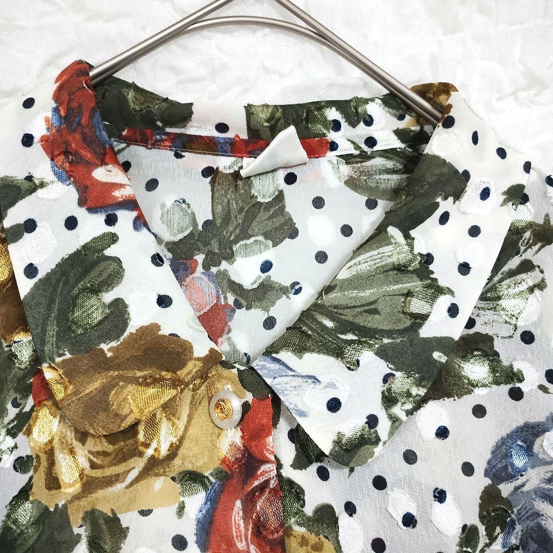 U 鮮やかな花柄 水玉 刺繍 五分袖シャツ L 春夏 テンションアップ 3