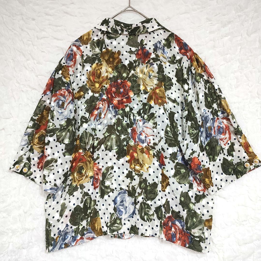 U 鮮やかな花柄 水玉 刺繍 五分袖シャツ L 春夏 テンションアップ 5