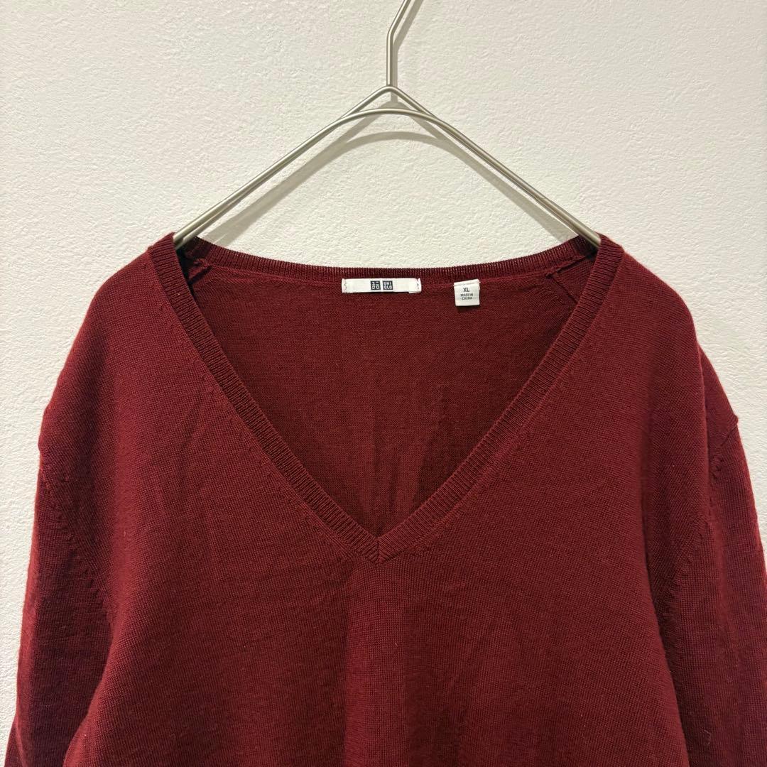 ユニクロ Vネック ニットセーター ウール100% ボルドー 赤　XL 長袖 2