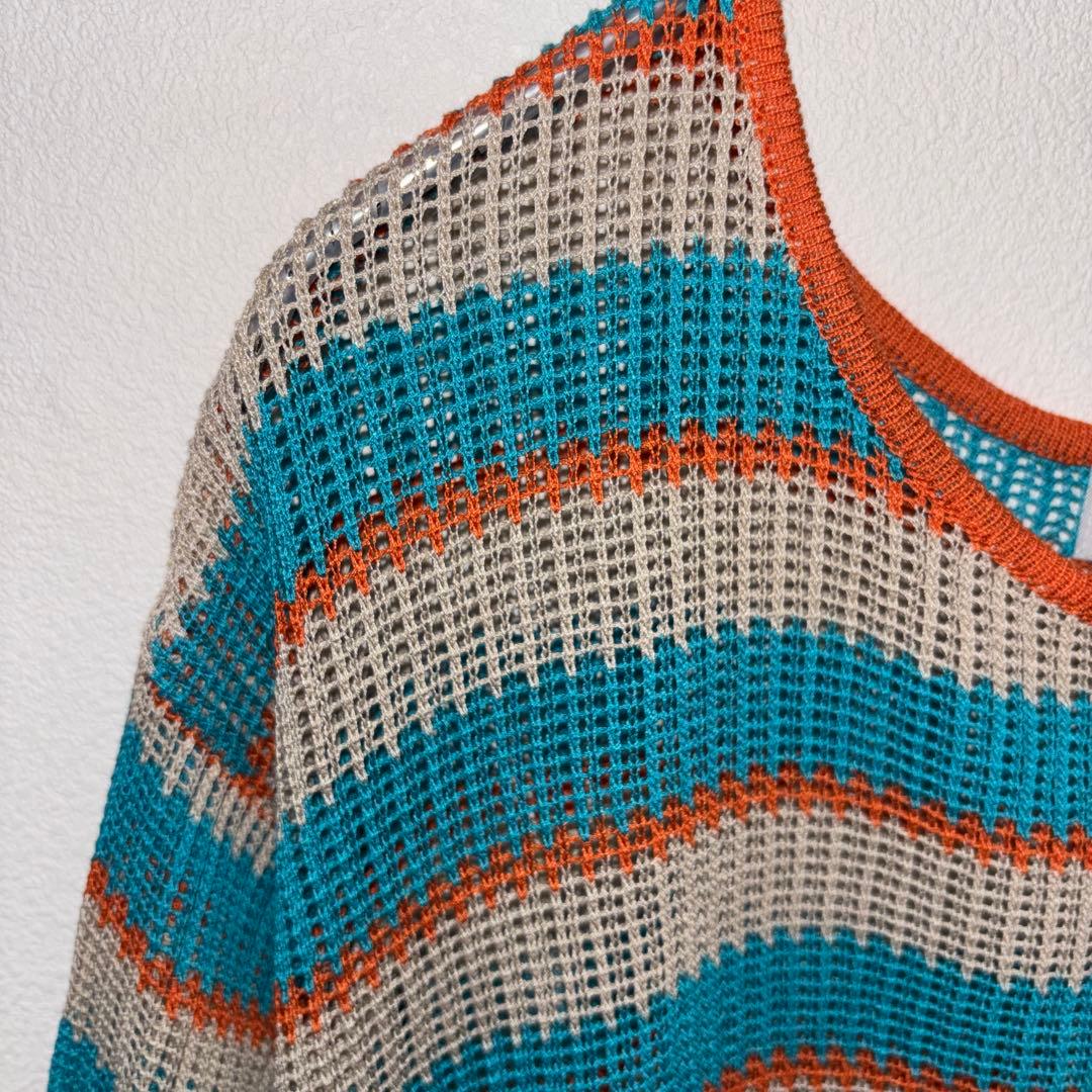 Denifits ストライプ メッシュボーダー半袖サマーニット L d697 4