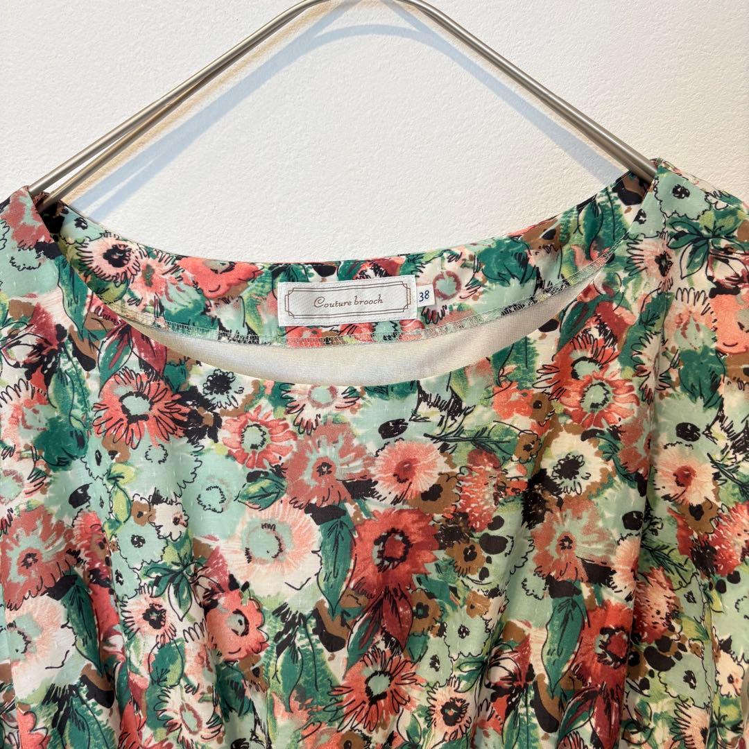 クチュールブローチ 花柄 フレアワンピース 半袖 グリーン 38 膝丈　高級 2