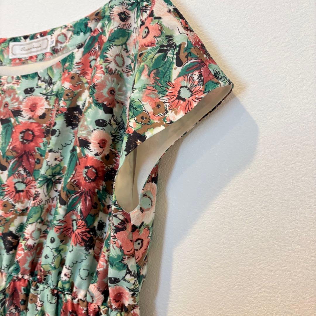 クチュールブローチ 花柄 フレアワンピース 半袖 グリーン 38 膝丈　高級 4