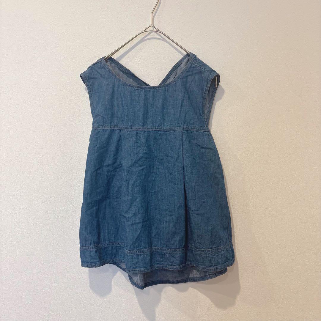 チル デニム風　バックリボン　トップス 綿100％ 青 M 夏 ノースリーブ