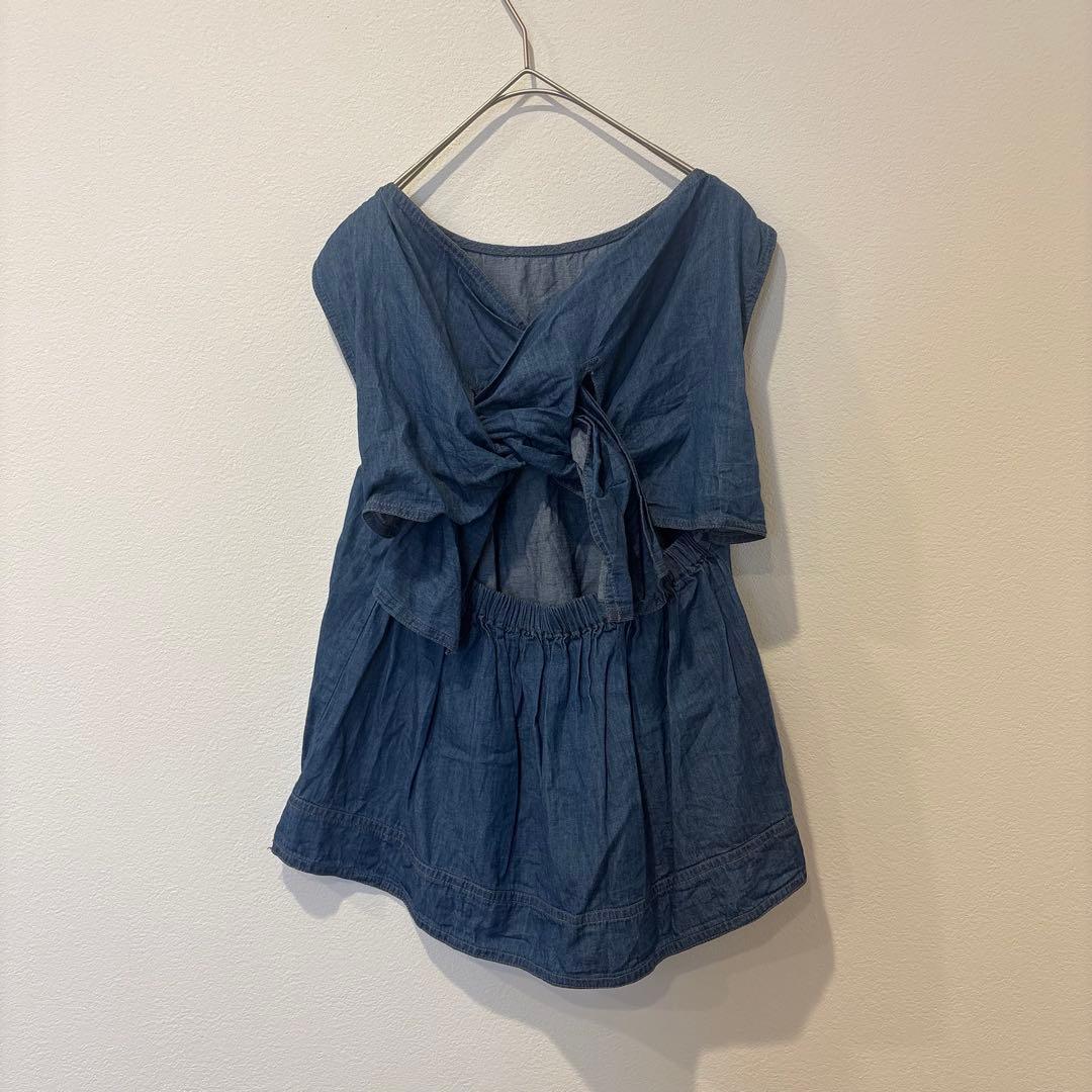 チル デニム風　バックリボン　トップス 綿100％ 青 M 夏 ノースリーブ 3