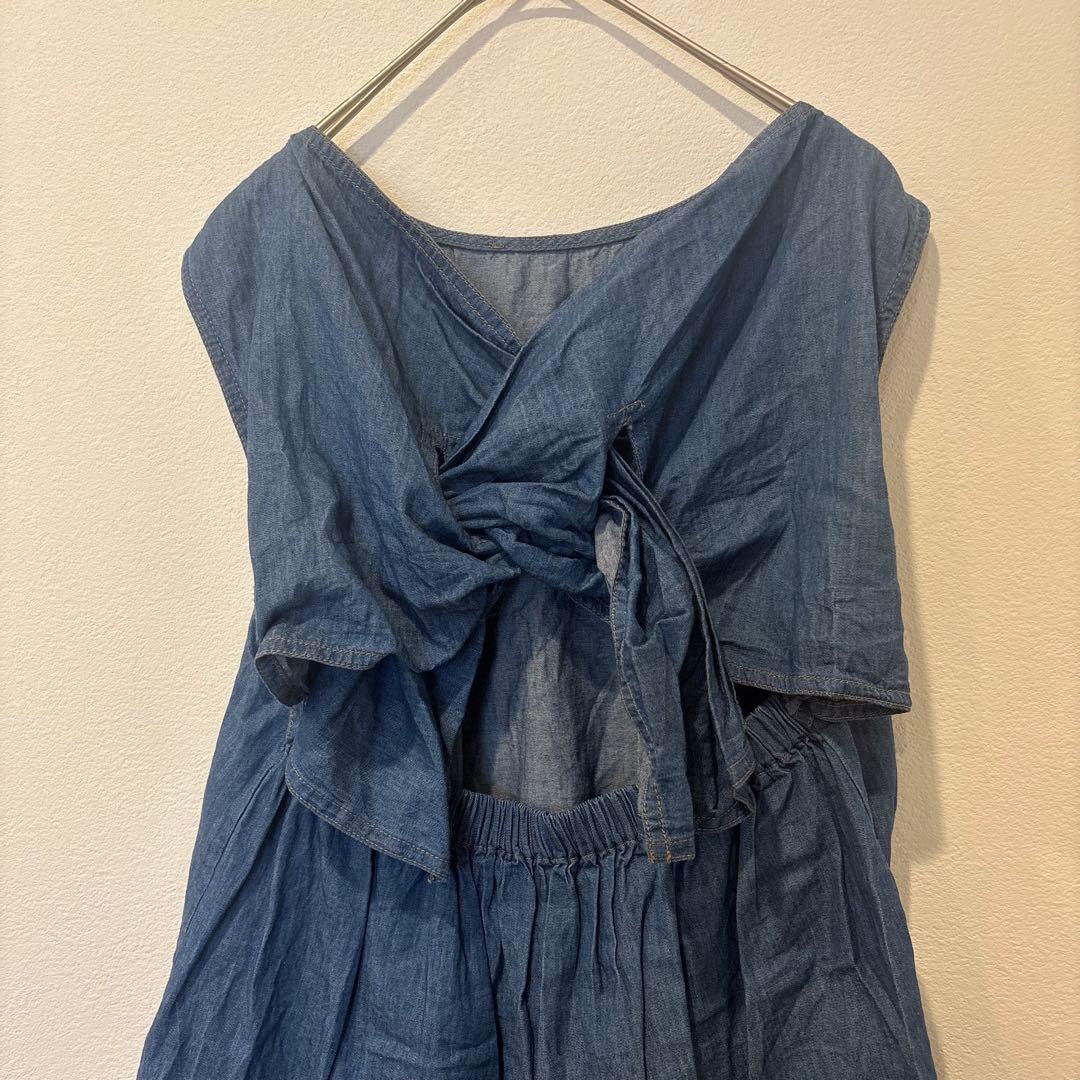 チル デニム風　バックリボン　トップス 綿100％ 青 M 夏 ノースリーブ 4