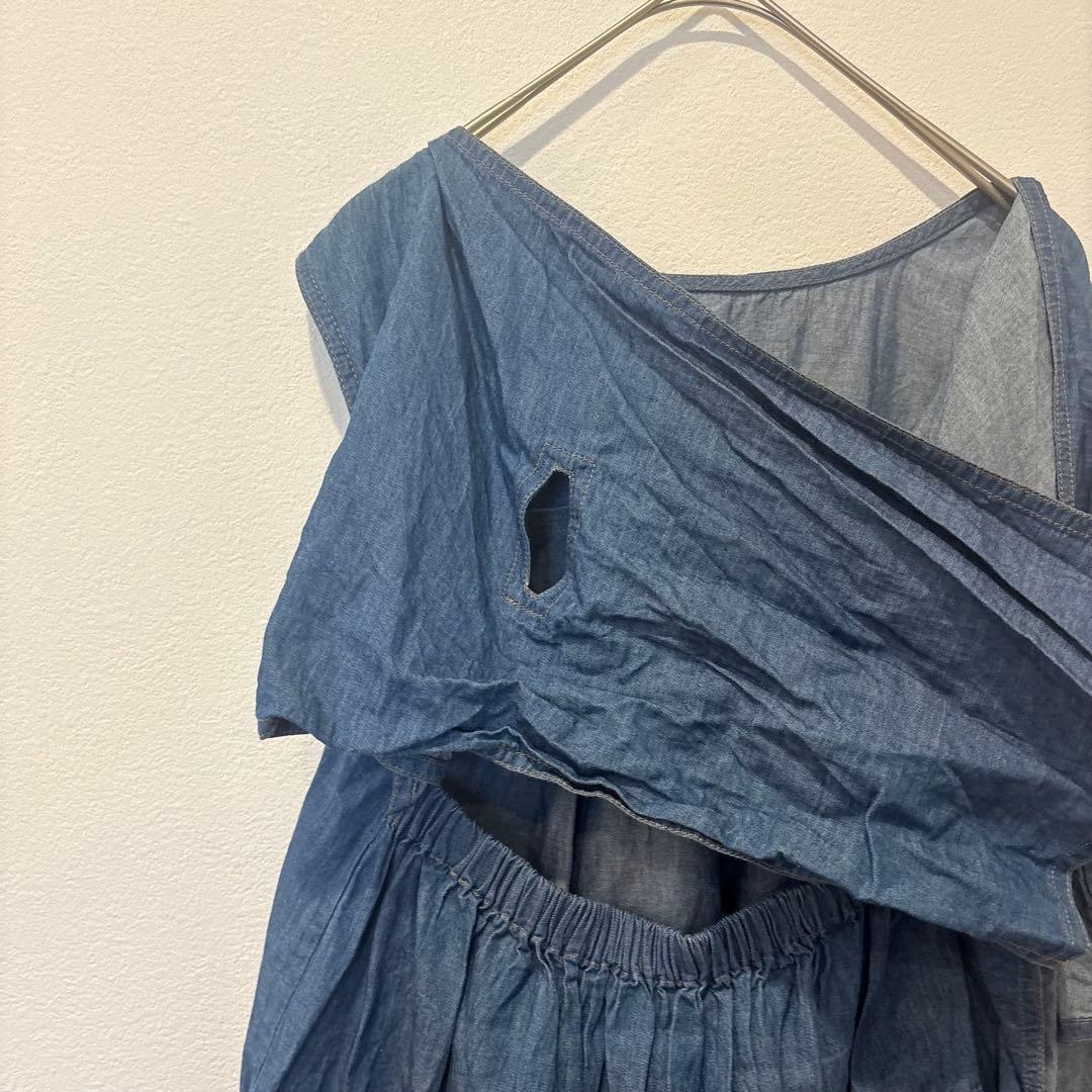 チル デニム風　バックリボン　トップス 綿100％ 青 M 夏 ノースリーブ 5