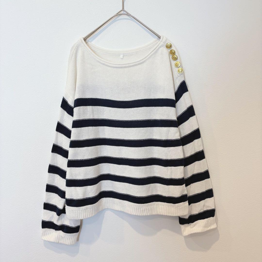 ボーダー ニットセーター 長袖　ゴールドボタン 白 ホワイト　M カジュアル
