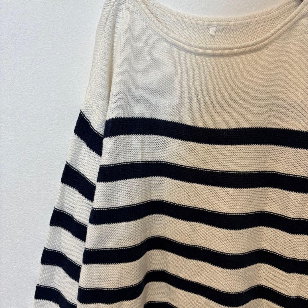 ボーダー ニットセーター 長袖　ゴールドボタン 白 ホワイト　M カジュアル 3