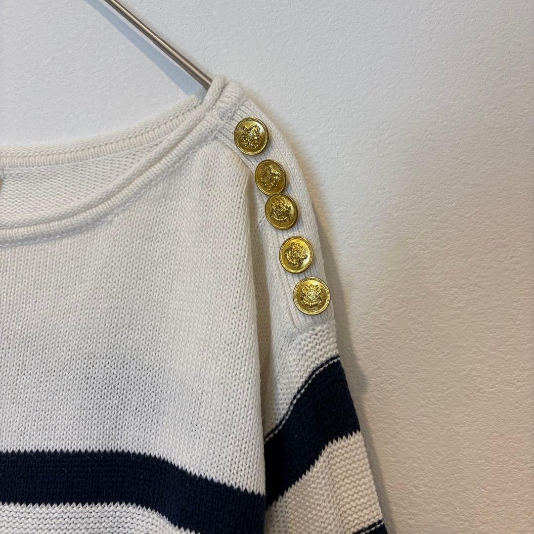 ボーダー ニットセーター 長袖　ゴールドボタン 白 ホワイト　M カジュアル 4