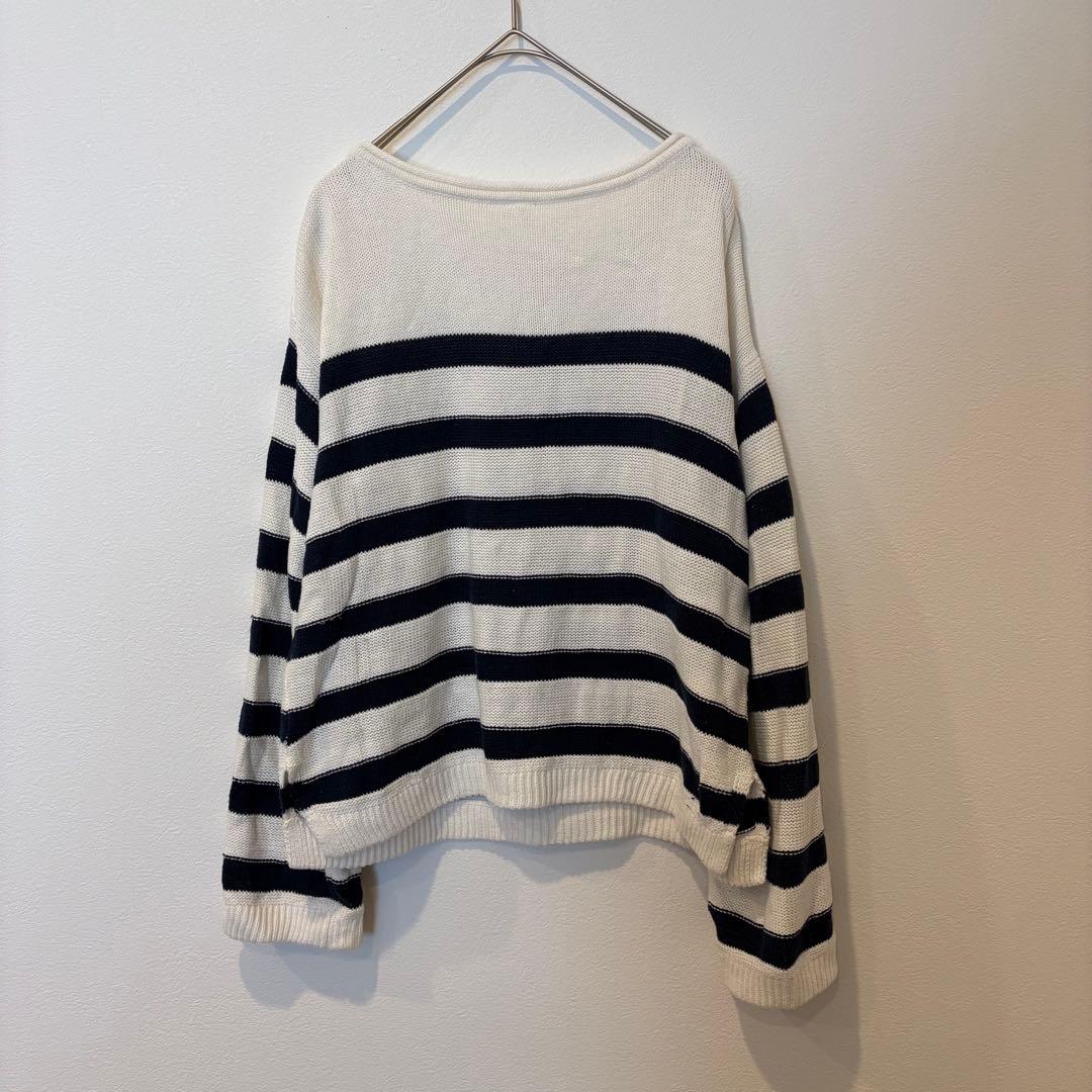 ボーダー ニットセーター 長袖　ゴールドボタン 白 ホワイト　M カジュアル 6