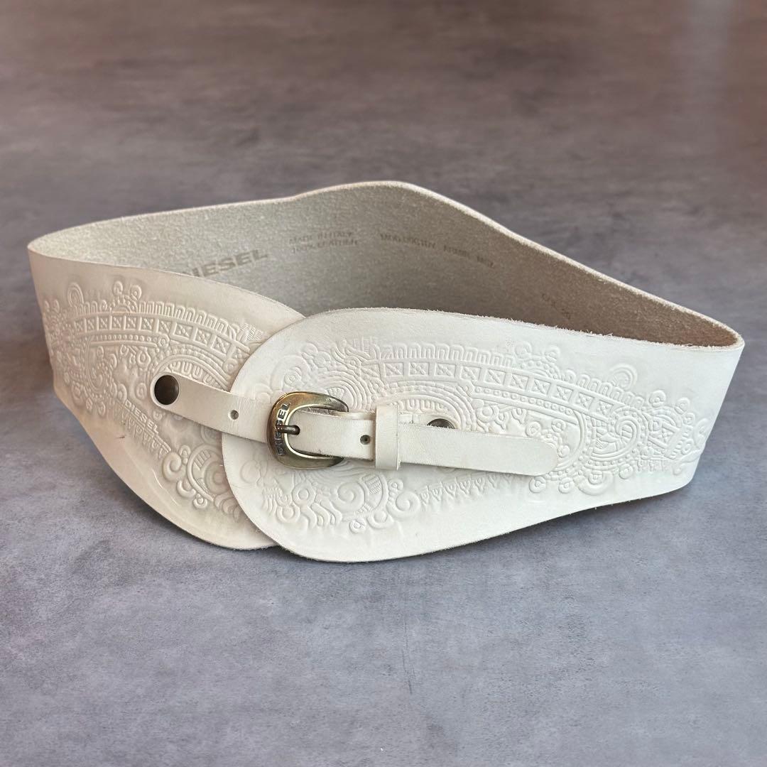 DIESEL Embossed white leather waist belt
