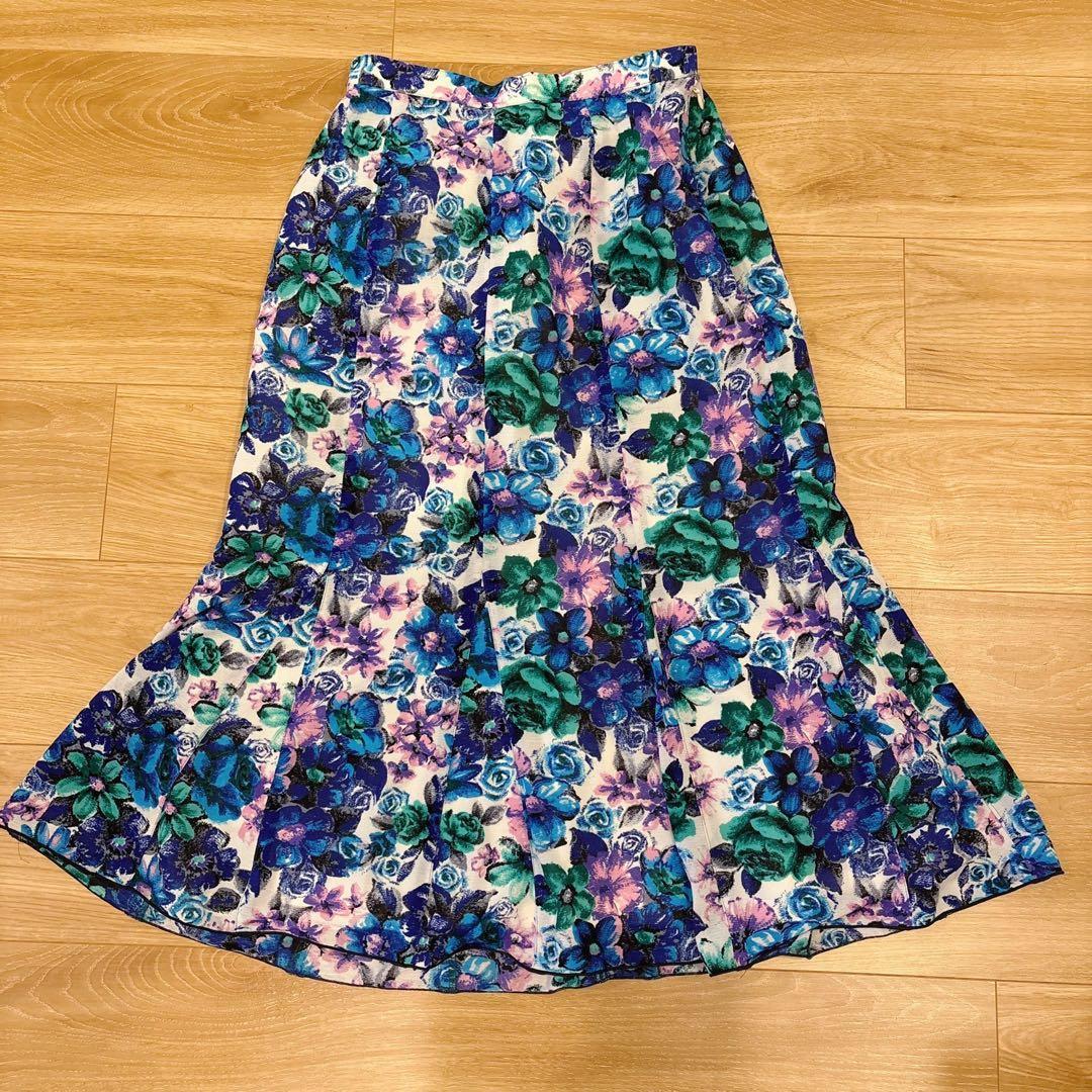 .フレアスカート ロング　花柄　総柄 ブルー M相当　9 上品　マーメイド