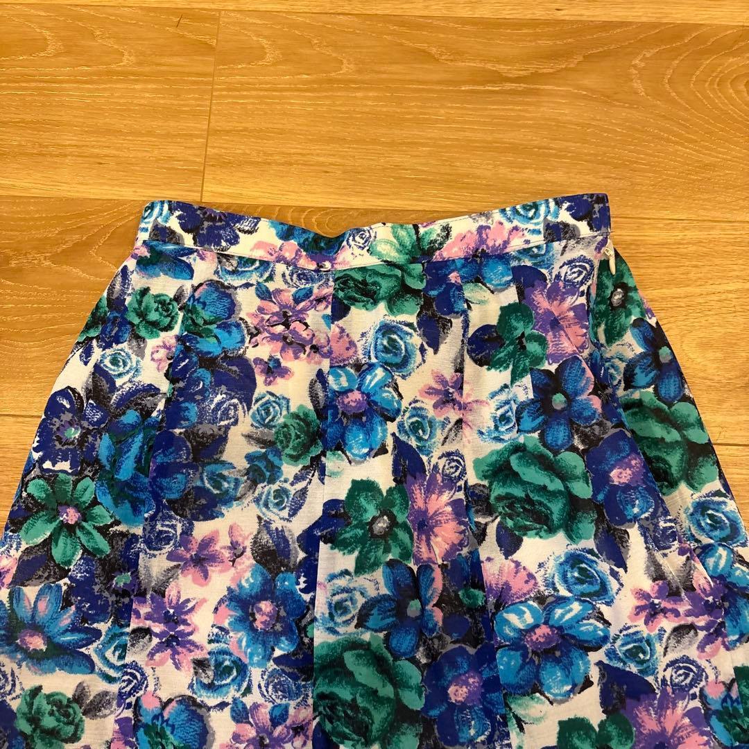 .フレアスカート ロング　花柄　総柄 ブルー M相当　9 上品　マーメイド 2