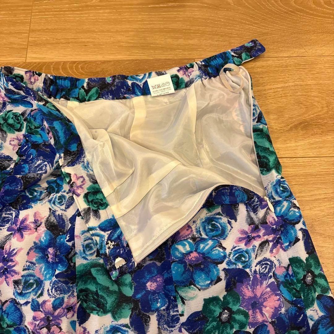 .フレアスカート ロング　花柄　総柄 ブルー M相当　9 上品　マーメイド 3