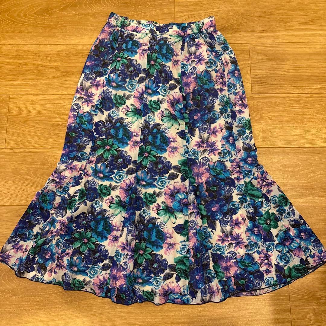 .フレアスカート ロング　花柄　総柄 ブルー M相当　9 上品　マーメイド 6