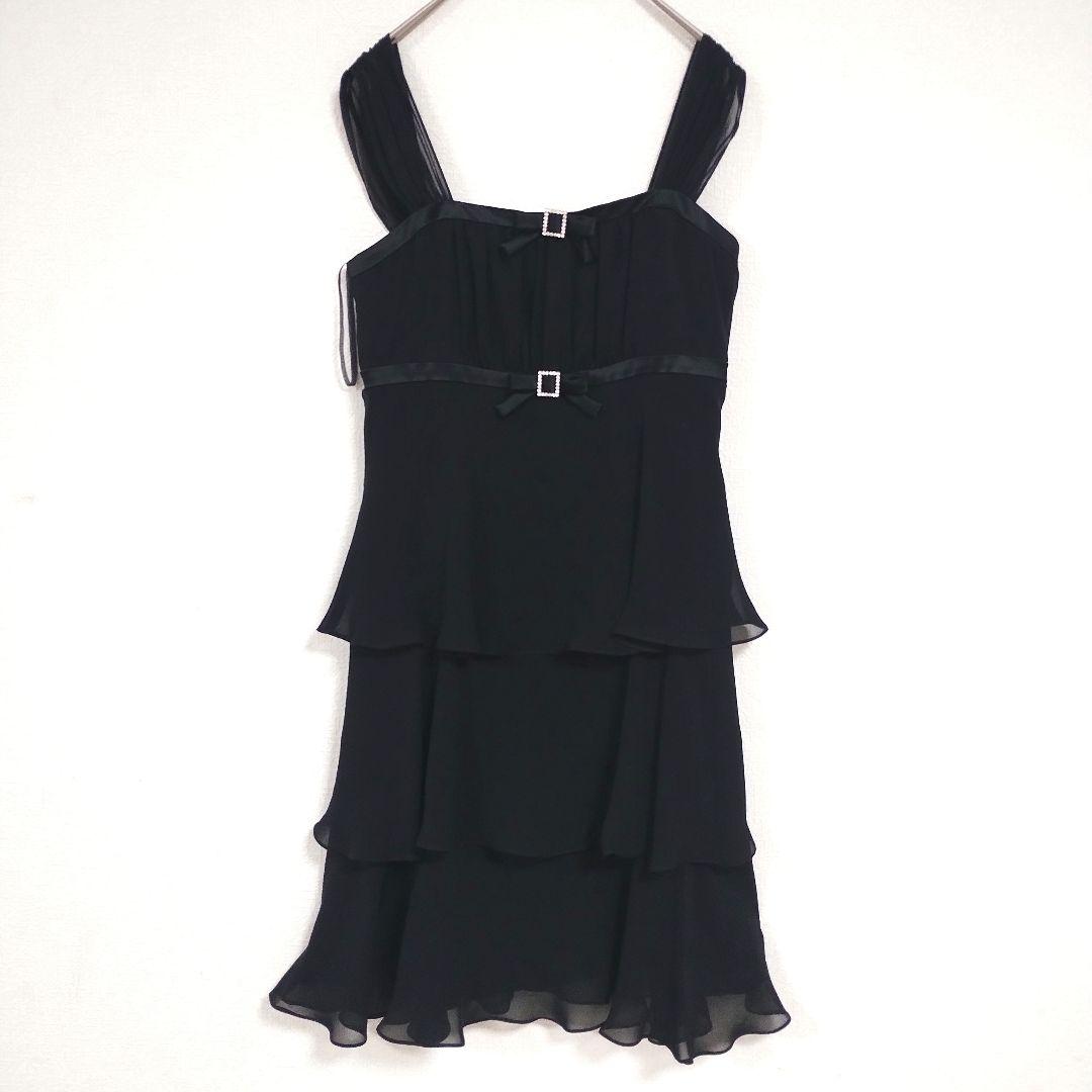 shes シェス ブラック 3層フリル パーティードレス M リボン シフォン