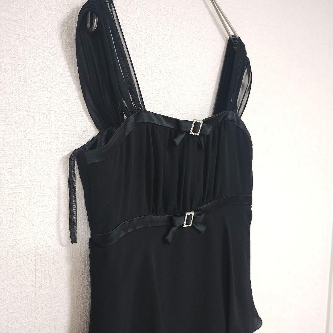 shes シェス ブラック 3層フリル パーティードレス M リボン シフォン 3