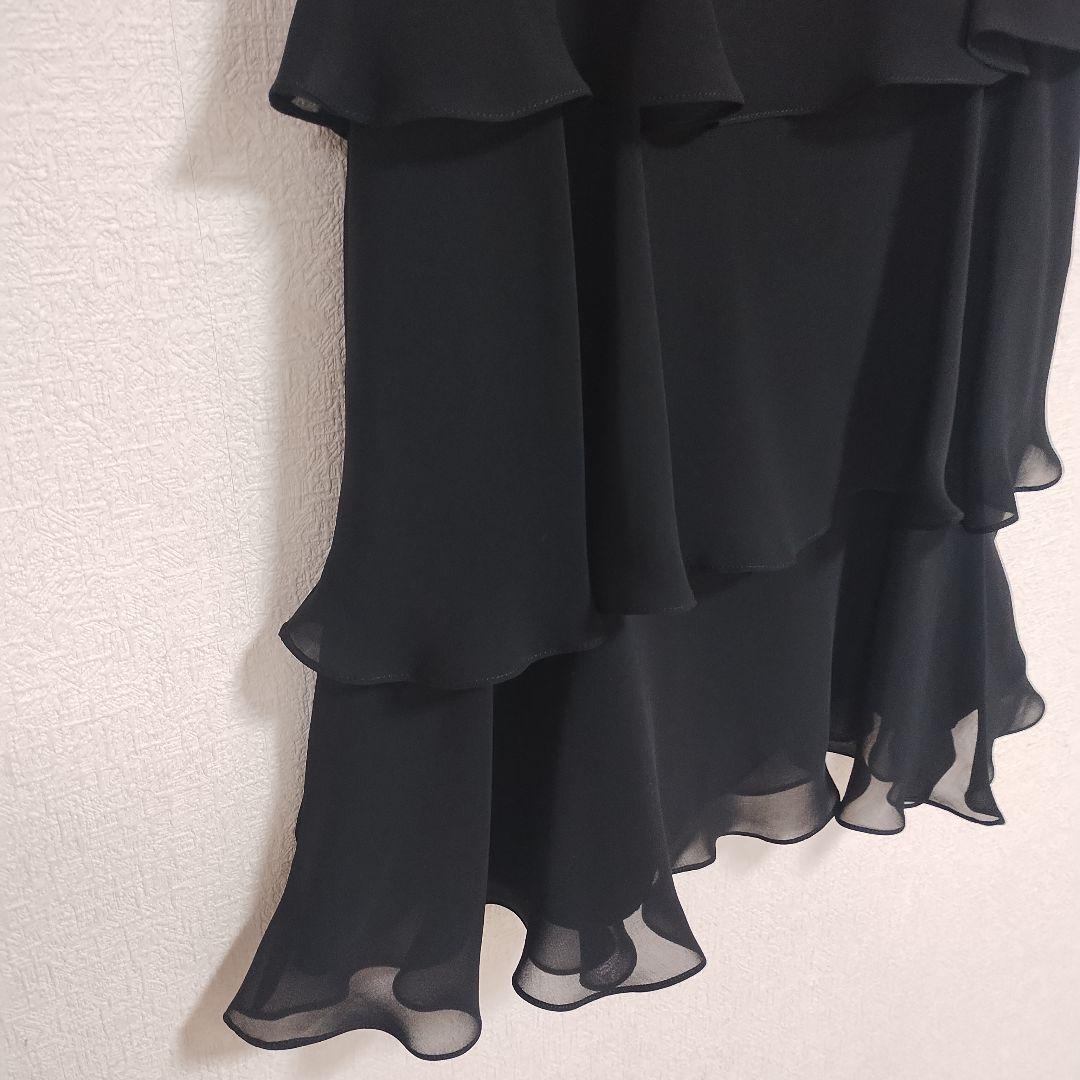 shes シェス ブラック 3層フリル パーティードレス M リボン シフォン 4