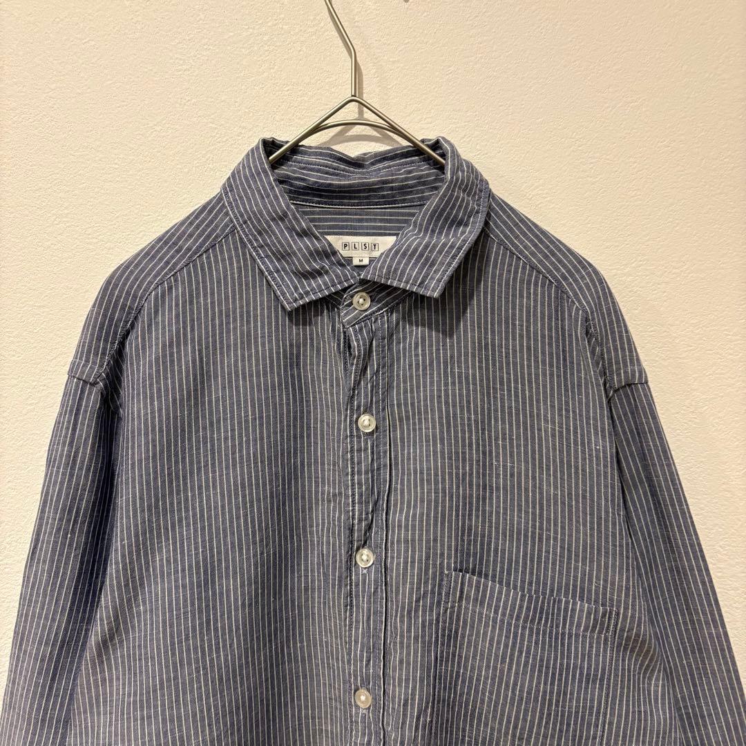 PLST プラステ ストライプ 長袖シャツ ブルー M カジュアル コットン 2