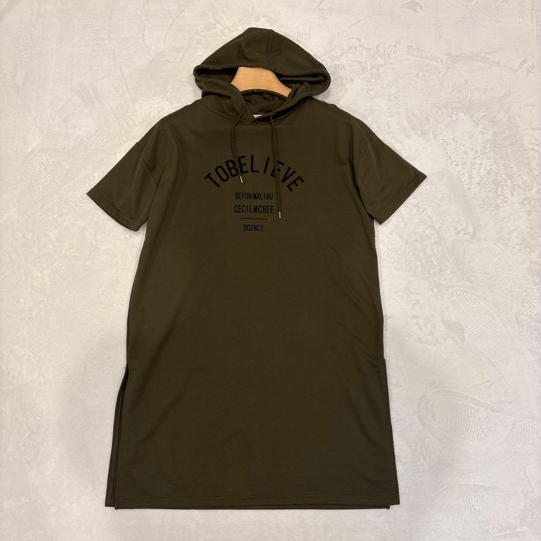 .セシルマクビー　Tシャツワンピース　半袖　フード　カーキ 緑　M チュニック