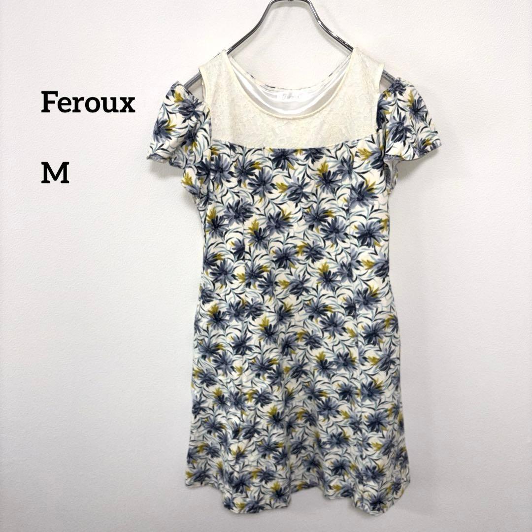 Feroux フェルゥ花柄 半袖ひざ丈ワンピース膝上 Mサイズd677