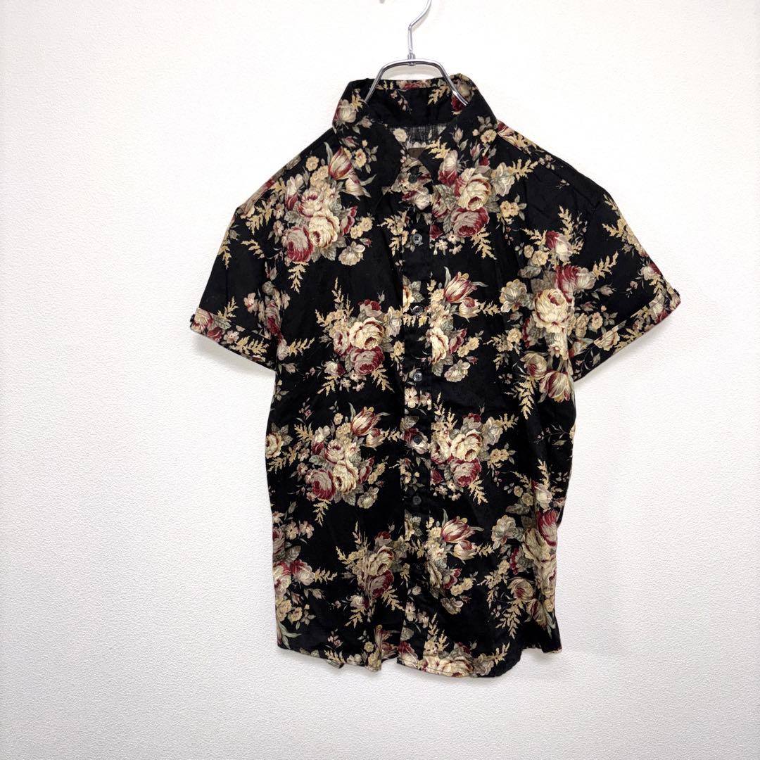 agate 花柄 半袖シャツ Lサイズ ブラックアロハ d761
