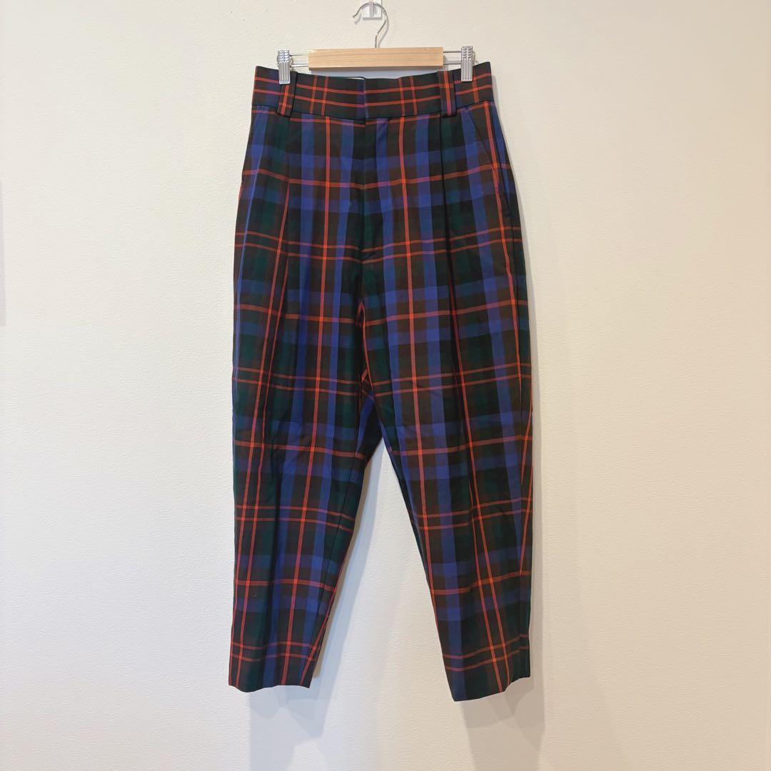 テーパードパンツ チェック柄　ウール ネイビー 紺　赤 36 タータンチェック
