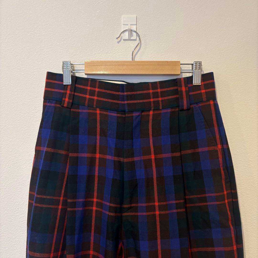 テーパードパンツ チェック柄　ウール ネイビー 紺　赤 36 タータンチェック 2