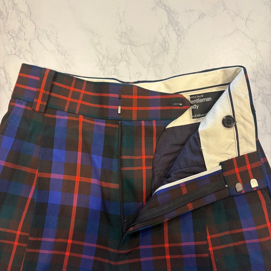 テーパードパンツ チェック柄　ウール ネイビー 紺　赤 36 タータンチェック 7