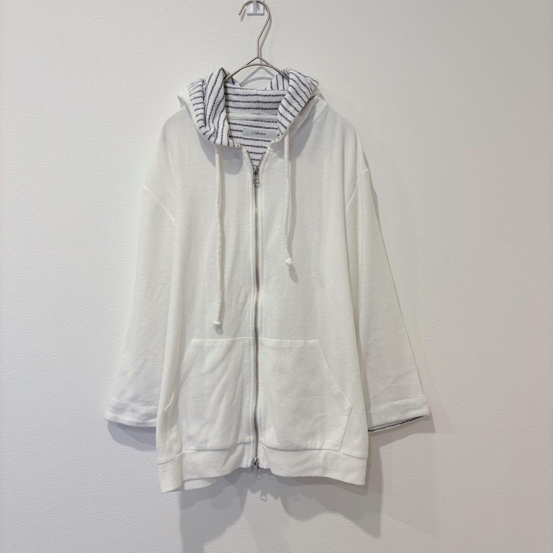 コレクティブ パーカー ジップアップ ボーダー 白 ホワイト　L フード