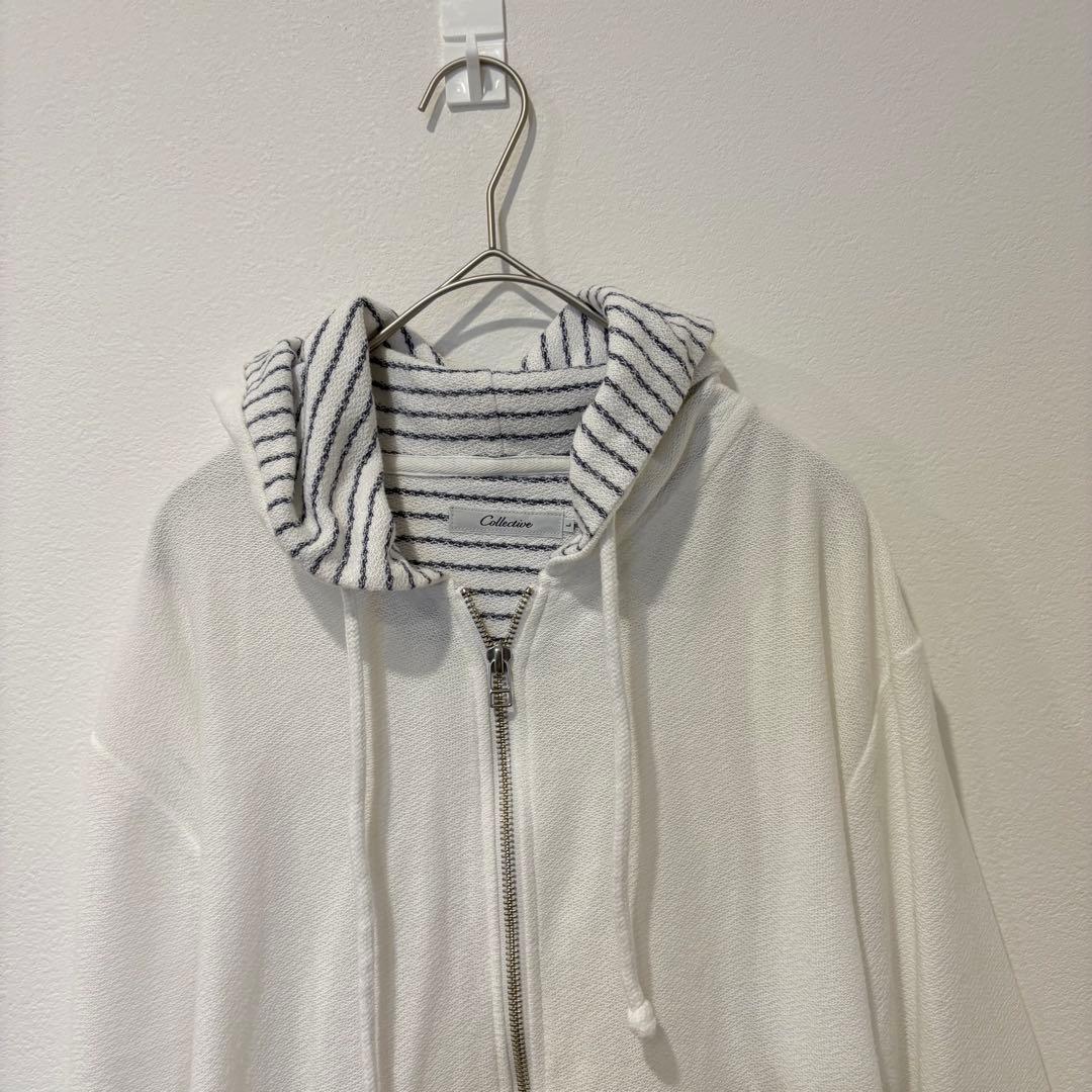 コレクティブ パーカー ジップアップ ボーダー 白 ホワイト　L フード 2