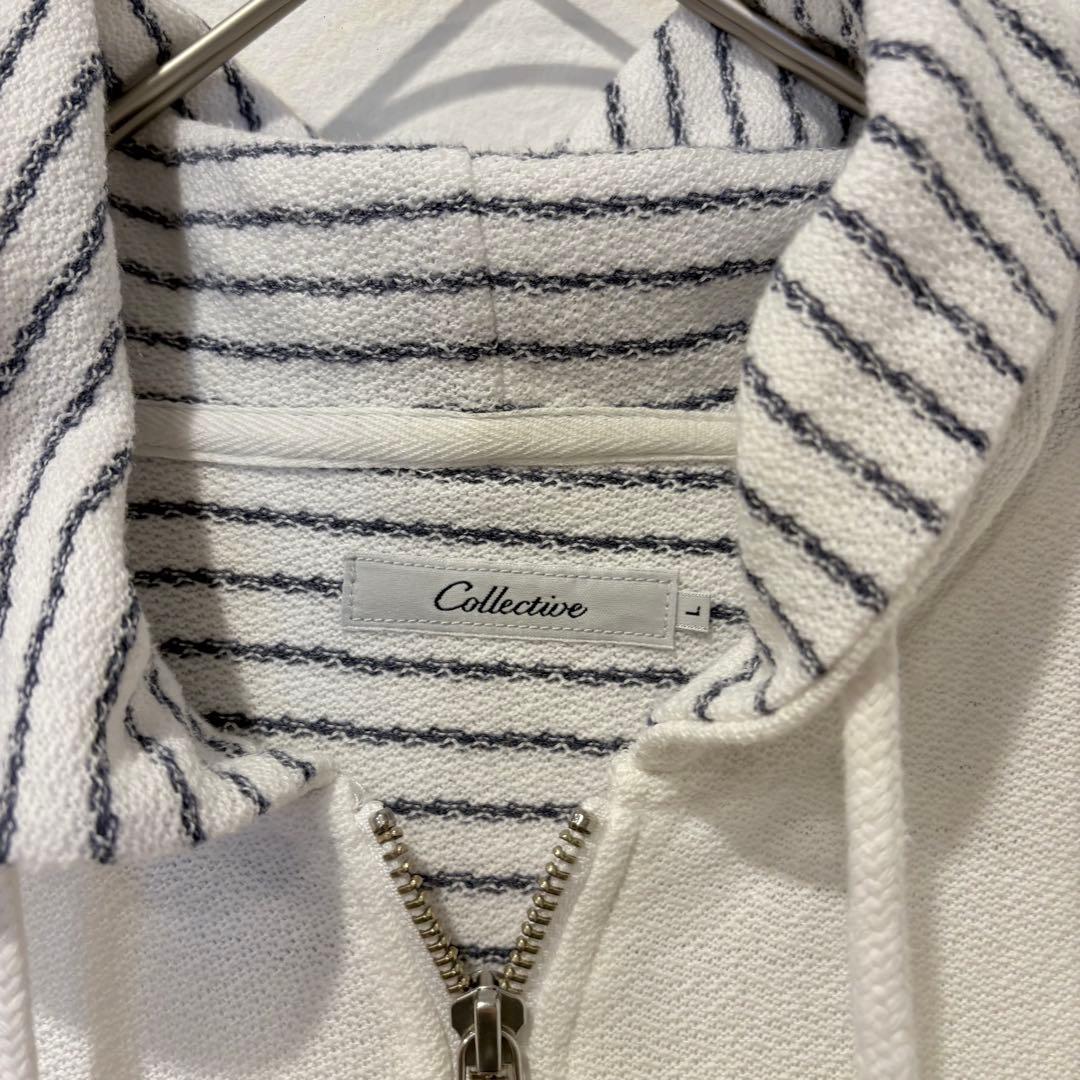 コレクティブ パーカー ジップアップ ボーダー 白 ホワイト　L フード 3